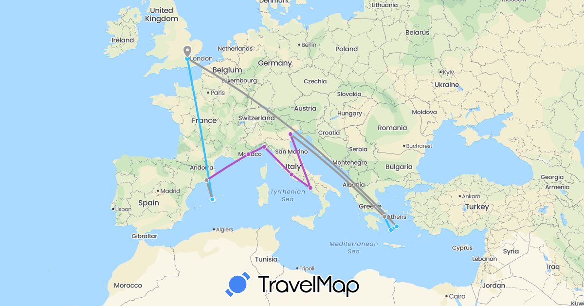 TravelMap itinerary: driving, plane, train, boat in Spain, France, United Kingdom, Greece, Italy (Europe)