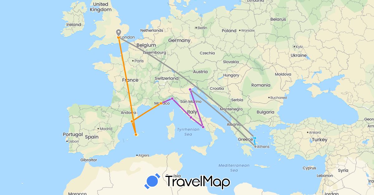 TravelMap itinerary: driving, plane, train, boat, hitchhiking in Spain, France, United Kingdom, Greece, Italy (Europe)